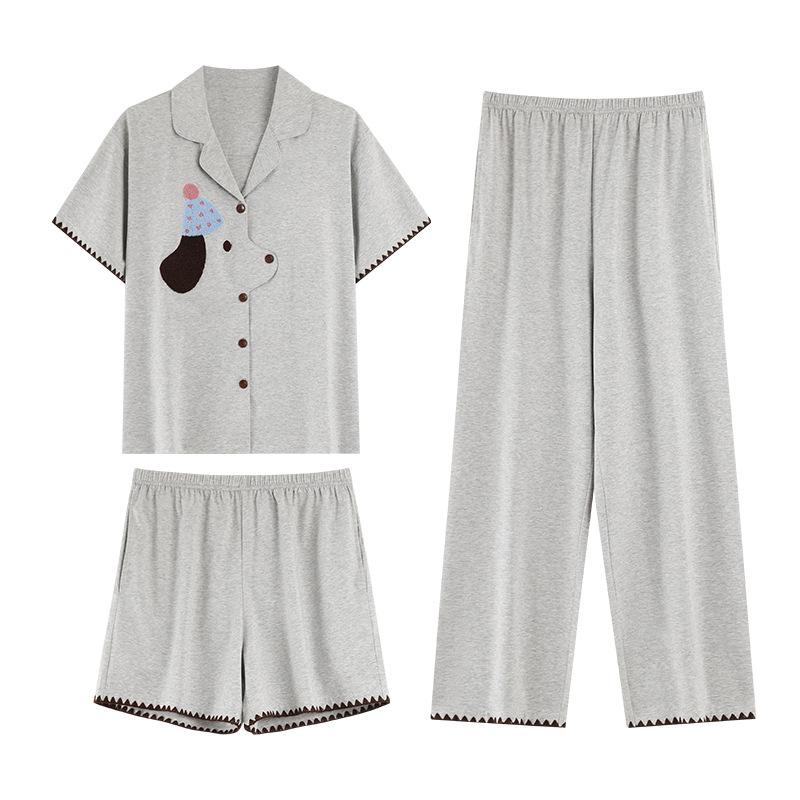 1A antibacterial pure cotton pajamas women's summer with chest pads, short sleeves, plus size 50kg girls' loungewear three-piece set