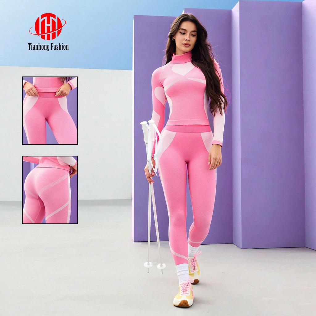 High-Collar Ski & Yoga Wear Set: Butt-Lifting, High-Elasticity, Long-Sleeve Top & Pants for Outdoor Sports