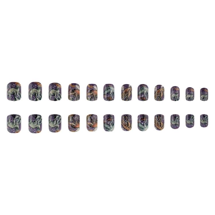 24Pcs Short Square Press on Nail Glitters Dinosaur Stick On Nail Full Cover Artificial Nail for Festive Gatherings