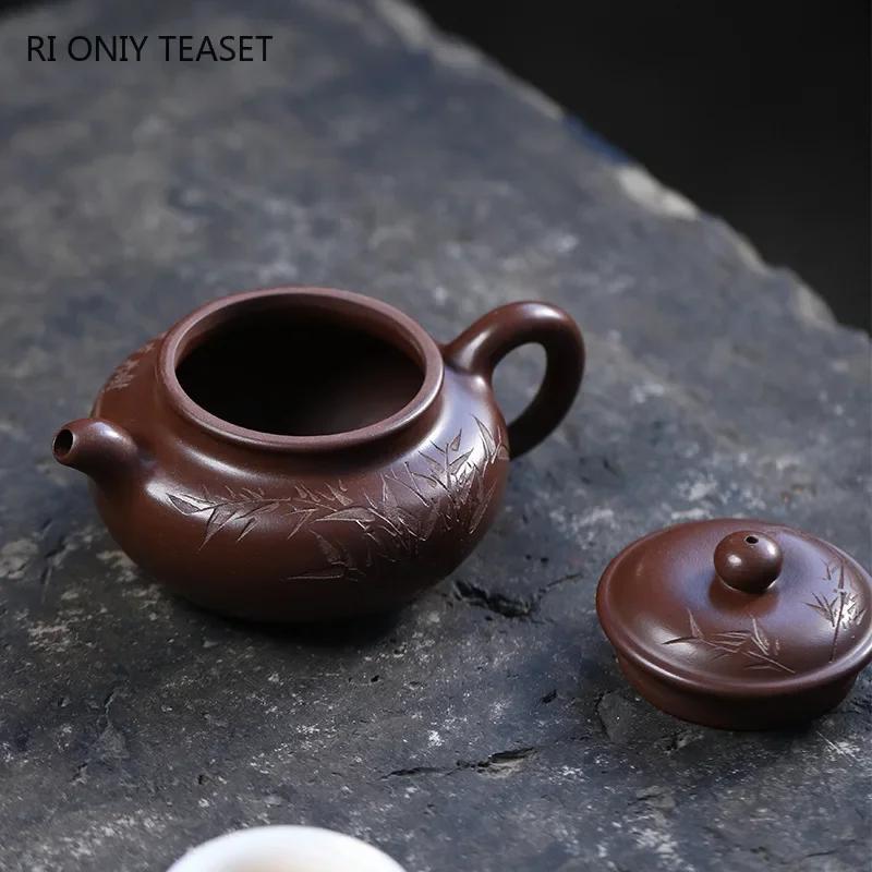 200ml Chinese Yixing Handmade Purple Clay Teapots Famous Hand-carved Bamboo Leaves Tea Pot Beauty Kettle Zisha Tea Set Teaware
