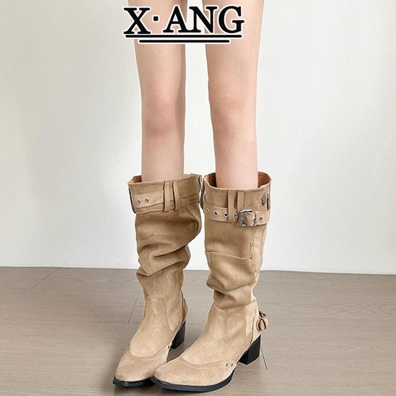 

Cowhide version pointed thick heel trouser tube boots women s pile boots western cowboy boots but knee high boots knight boots long boots 40