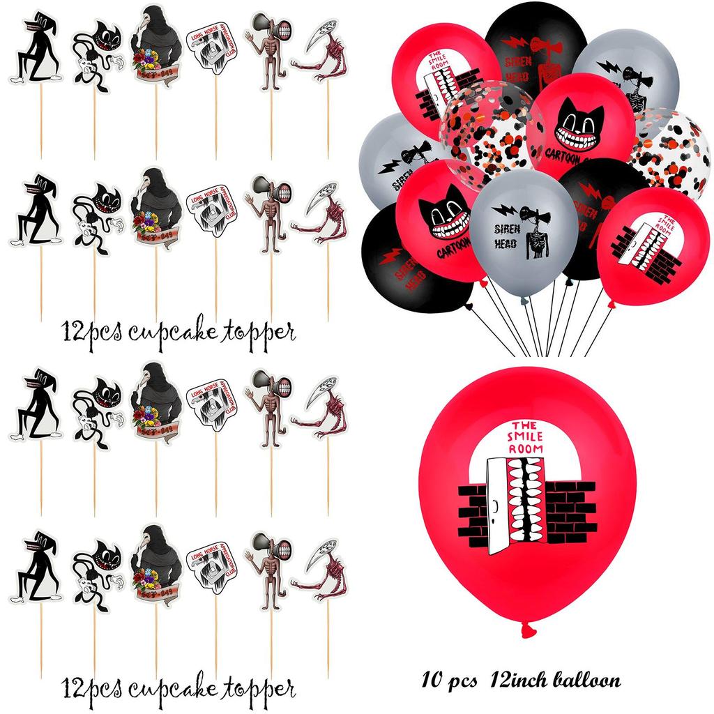 Siren Head Cartoon Cat Horror Theme Birthday Party Balloon Banner Cake Topper Set