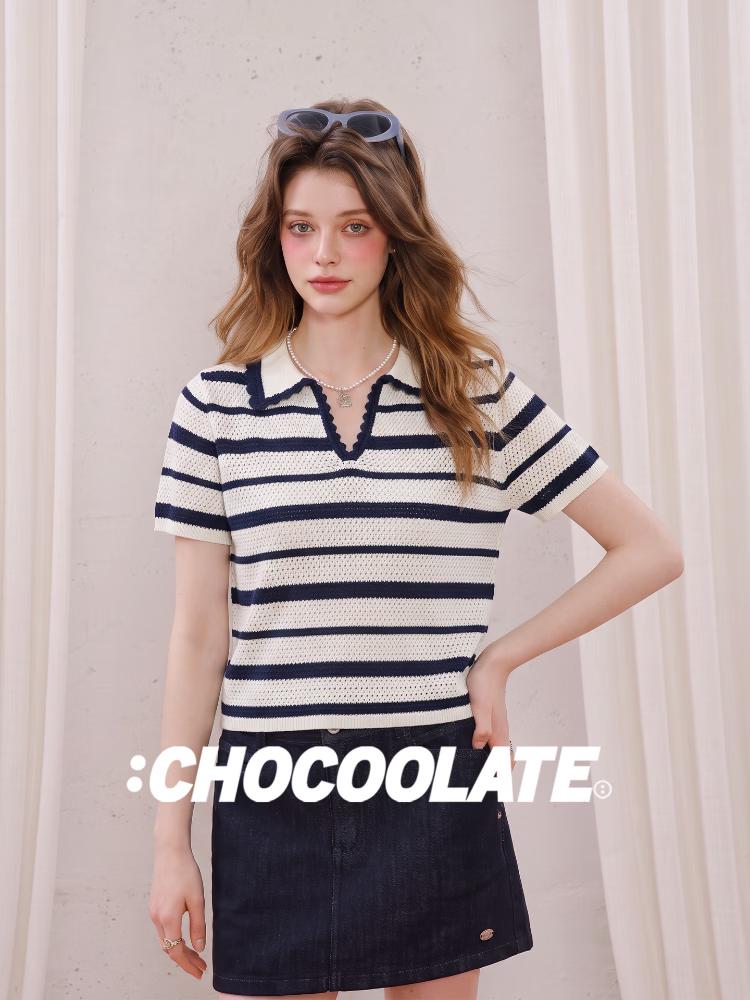 CHOCOOLATE Women's Color-Block Striped Knit Polo