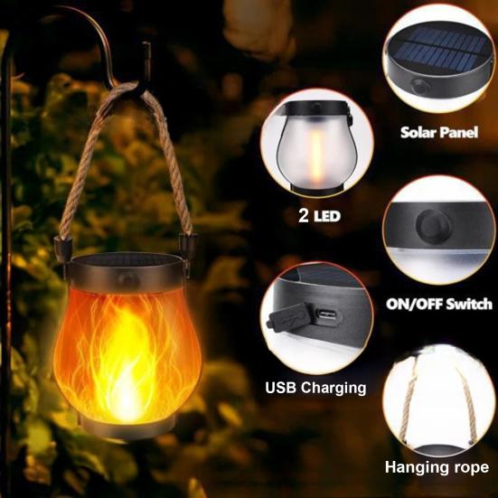Dancing Flame Lantern Solar Garden Light Waterproof Flickering Flame Lantern USB And Solar Charging Outdoor Light for Porch Yard Patio Decor