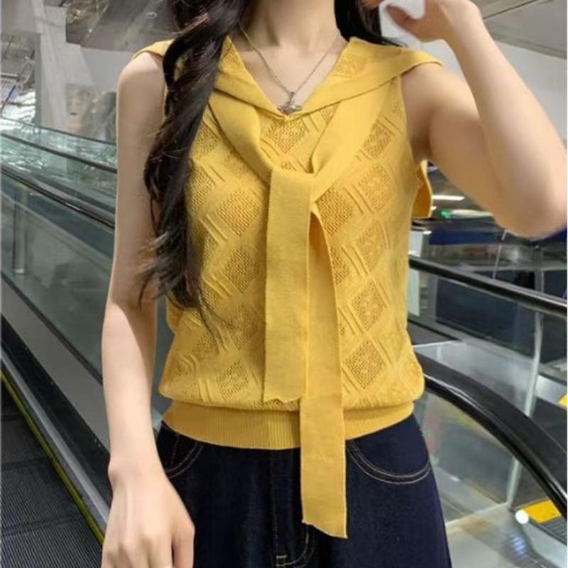 

Темно-синий воротник на шнуровке жаккардовый жилет без рукавов с вырезами и ромбовидным узором тонкой вязки one size жёлтый