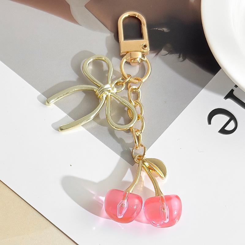 Cute Cherry Keychain With Pearl And Heart Charm Resin Fruit Pendant Bag Accessory For Women Girls