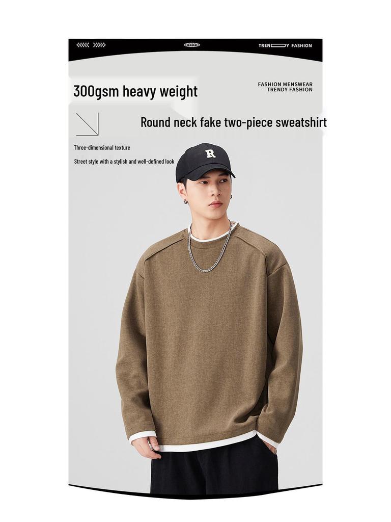 SH&Trend Men's Heavyweight 300g Round Neck Hoodie - Autumn/Winter Patchwork Long Sleeve Pullover