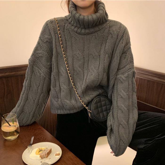 Short sweater women s pullover loose outer wear autumn and winter new lazy wind twist Korean high collar One size
