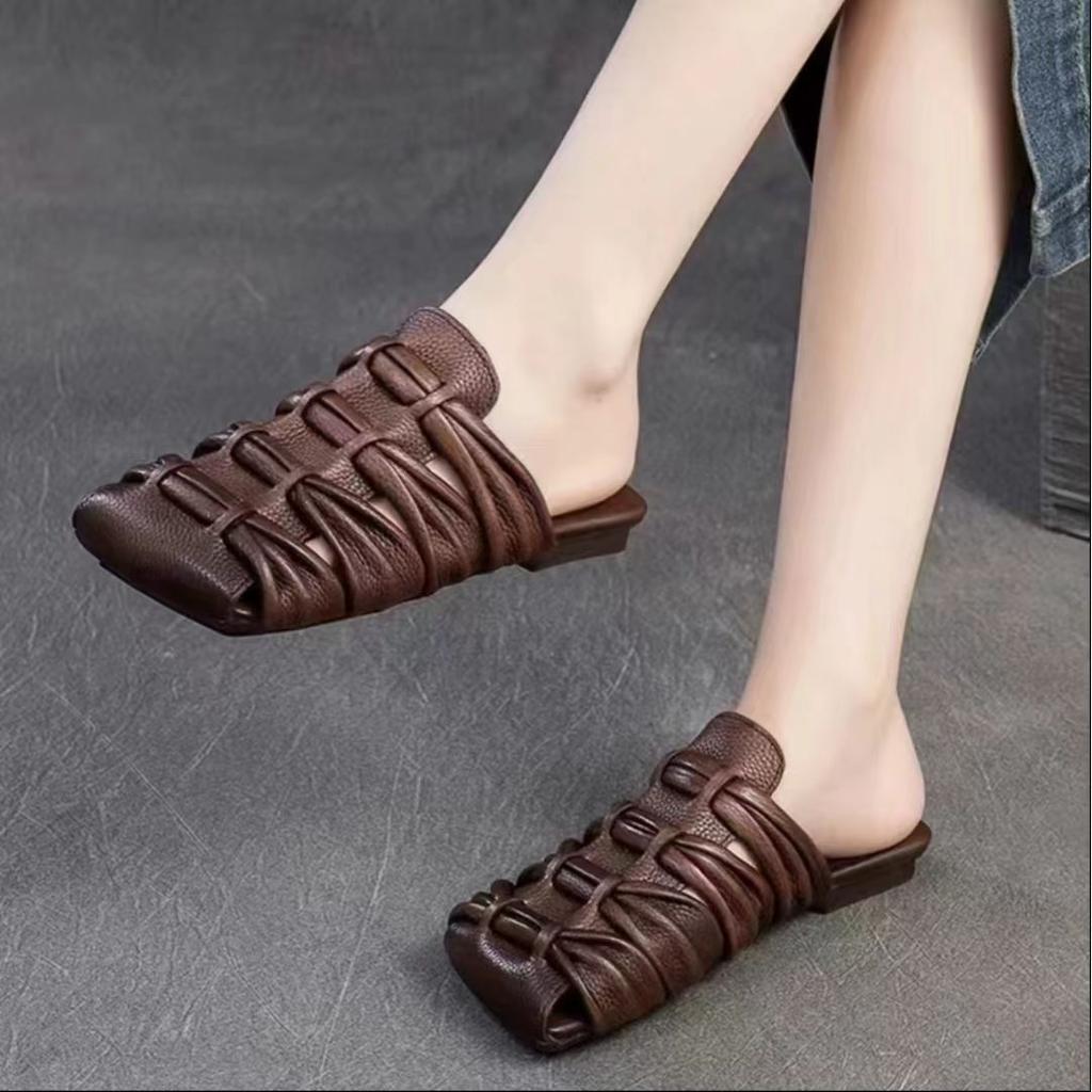 Modische Retro-Slipper mit geschlossener Spitze für Damen, gewebte Pantoletten zum Hineinschlüpfen, durchbrochen, echtes Leder, flache Schuhe, eckige Spitze, weiche Sohlen, Slipper