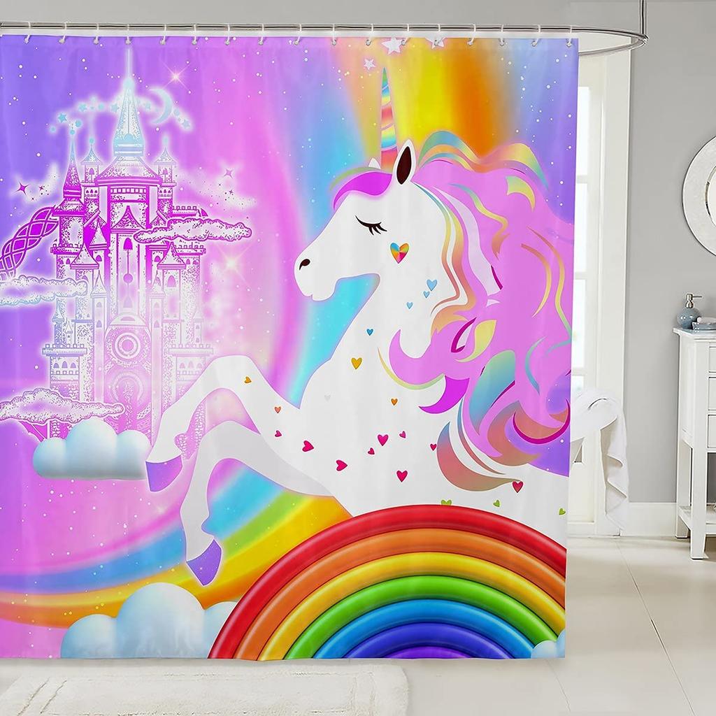 Gradient Purple Shower Curtain, Rainbow Unicorn Bath  Glitter Stars, Waterproof Curtains, Dreaming Cartoon Bathroom Deco
