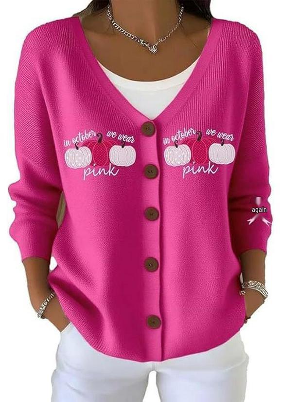 V-Neck 5-Button Printed Cardigan Sweater