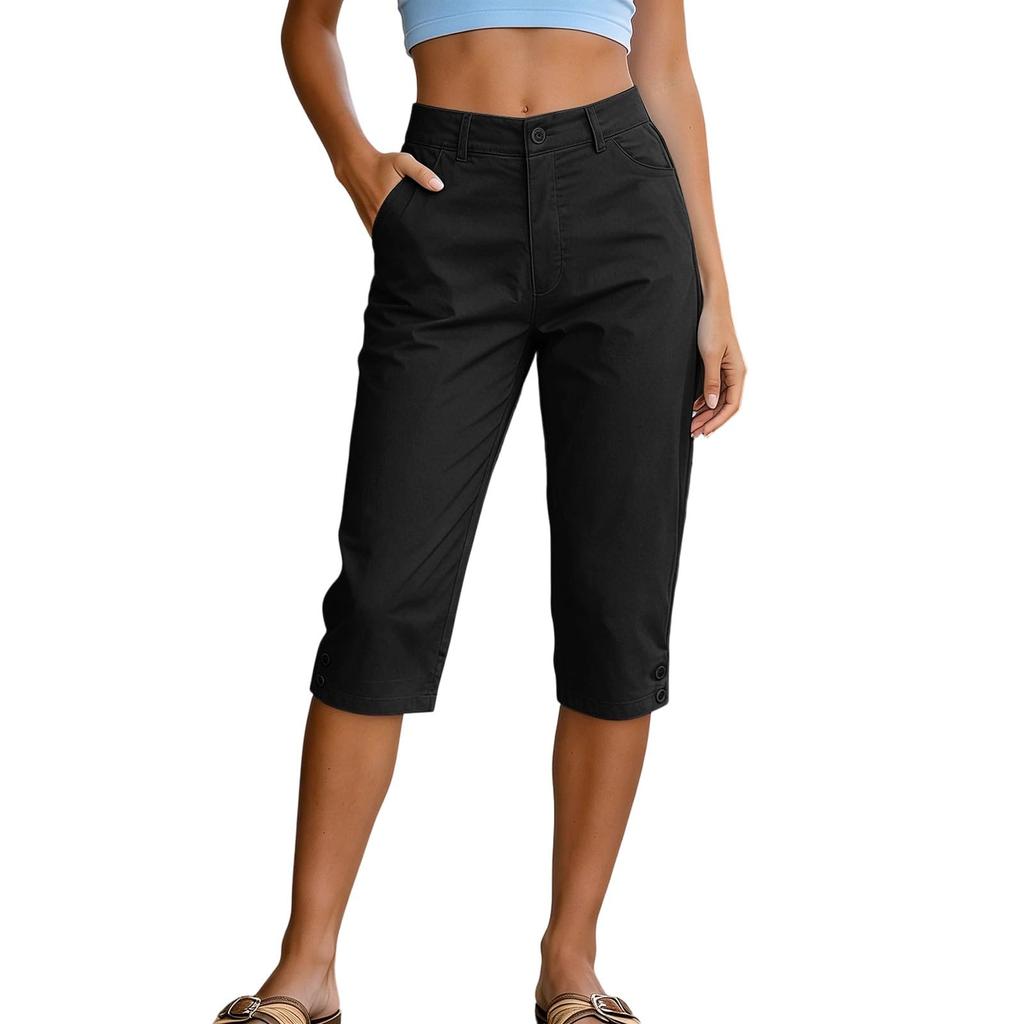 Women High Waist Loose Fit Wide Leg Capri Shorts with Pockets Button Relaxed Fit Long Hiking Shorts for Outdoor Activities