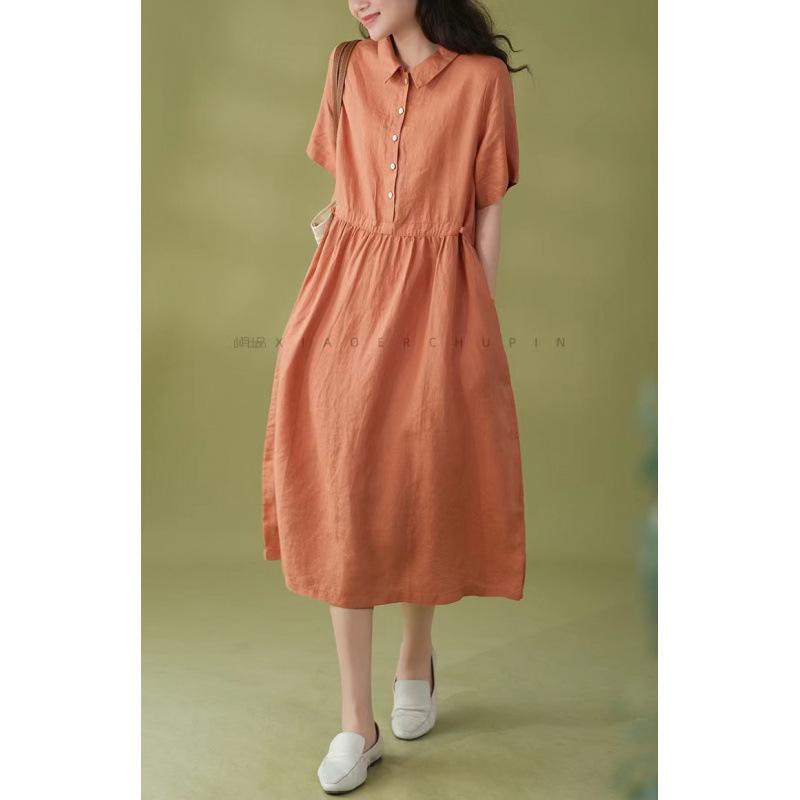 Korean Style Cotton Linen Retro Long Dress for Women, Spring/Summer 2026 Collection, Short Sleeve with Shirt Collar