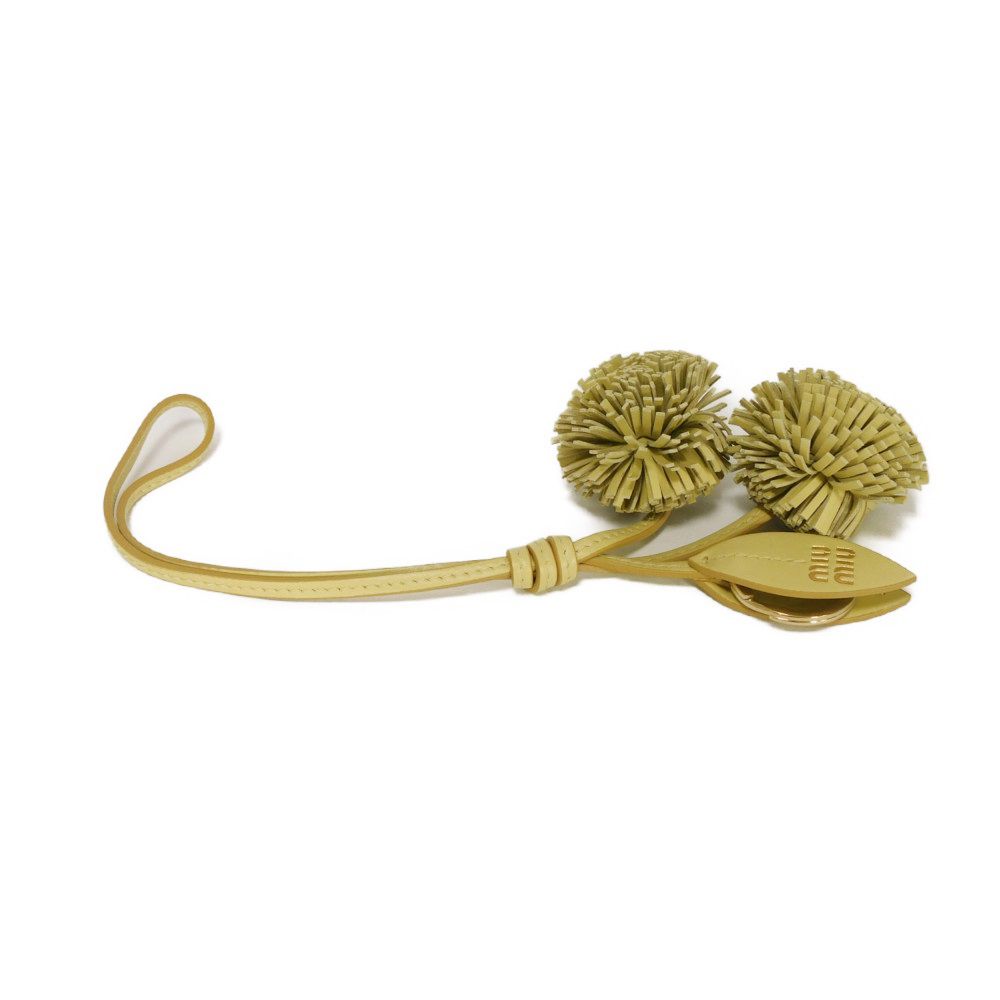 Used 12166 Trick Leather Key Ring 5TL516 2E6Y F0032 7950 Current Calfskin Pastel Yellow Charm Logo Foil Stamp Vanilla