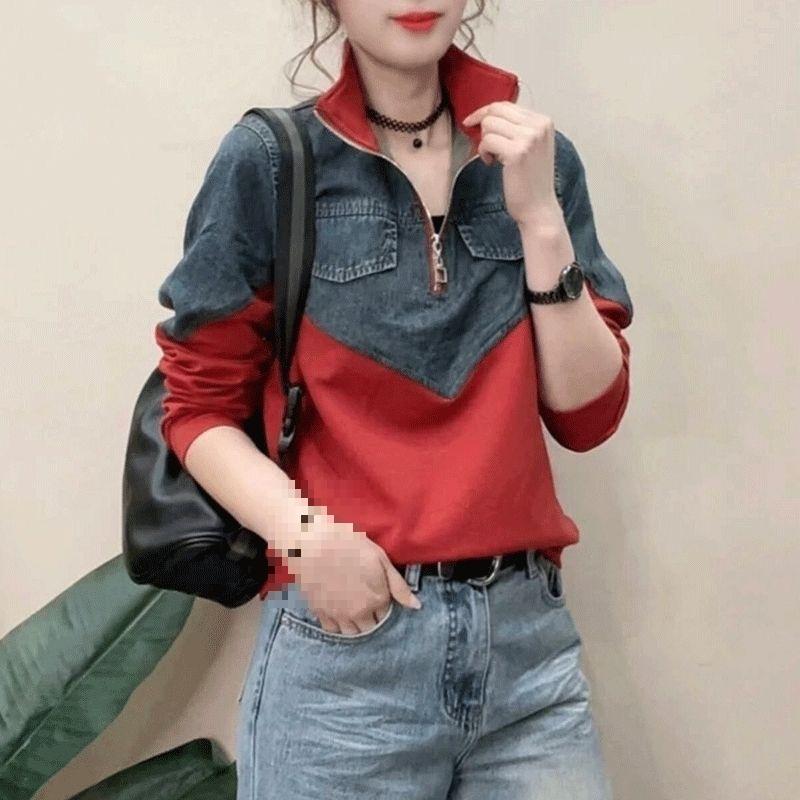 Women's Spring/Fall Casual Design Half-Zip Sweatshirt Korean Style Loose-Fit Lightweight Patchwork Top