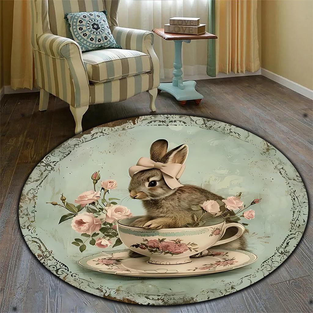 Happy Easter Rabbit Egg Patterned Area Carpet Round Non-Slip Easy To Clean Rug Living Room Bedroom Laundry Outdoor Floor Mat