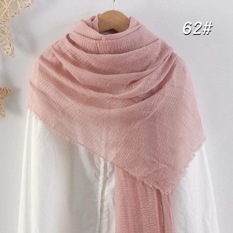 Crinkled Cotton-Linen Blend Scarf with Fringe - Solid Color, 90x180cm, Women's Headscarf