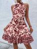 Women's Halter Sleeveless Mini Dress Loose Fit Self Tie Waist Floral Print A Line Sundress