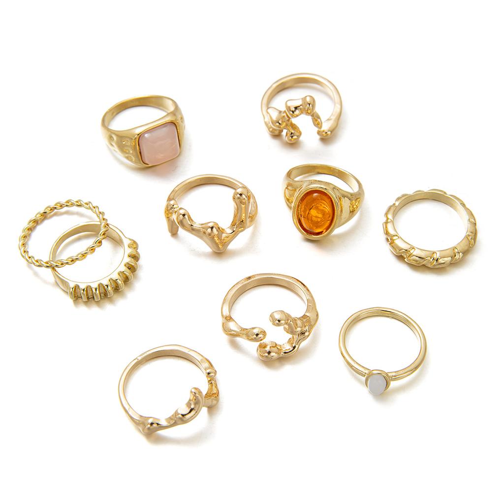 Vintage-style Irregular Metal Ring Set, Light Luxury Gold-colored Faux Gemstone Rings