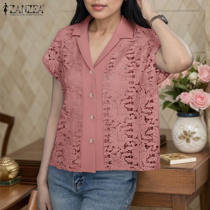 ZANZEA Womens Summer Casual Short Sleeve Hollow Out Lace Cover Up Blouse