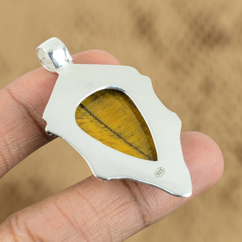 Natural Tiger's Eye 925 Sterling Silver Art Deco Engagement Boho Unique Pendant