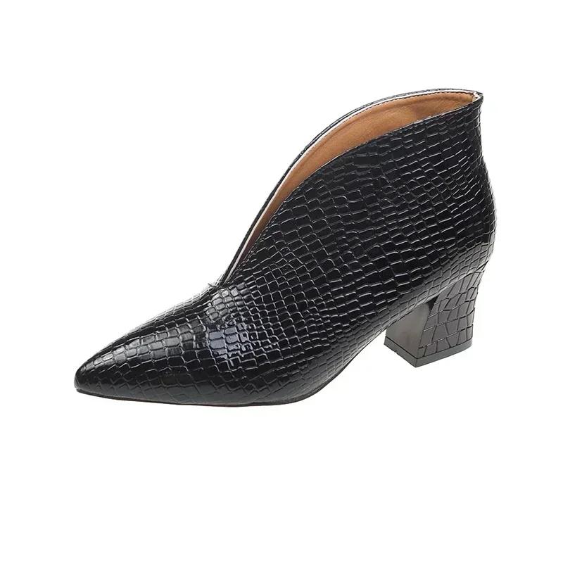 Retro Women's Ankle Boots 2025 New Pointy V-neck Patent-leather Women High Heels Simple Versatile Commuting Office Female Shoes