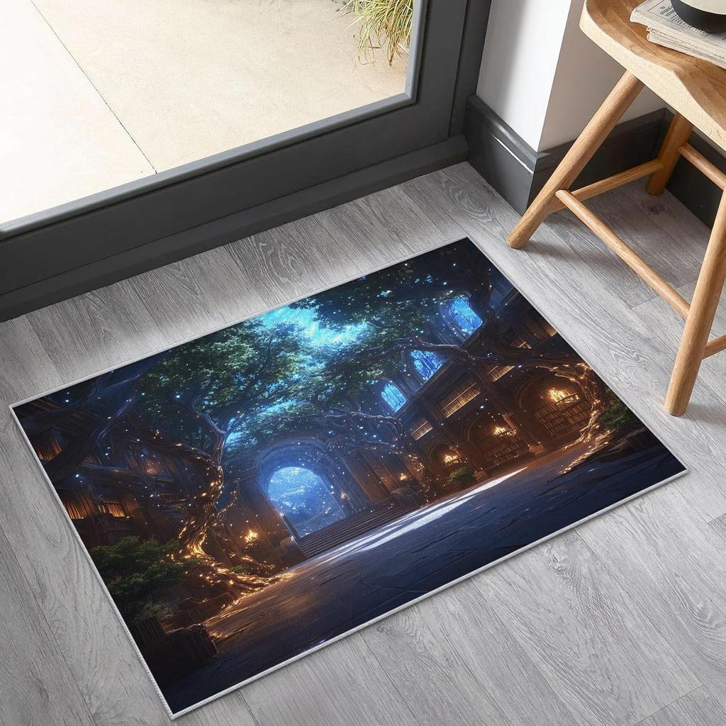 Vintage Style Tree Hollow Bookshelf Door Mat Floral Vines Literary Theme Home Decor Carpet Non-Slip Entrance Rug for Hallway
