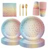 Gradient Rainbow Polka Dot Party Tableware Set: Paper Plates & Cups for Kids' Birthdays