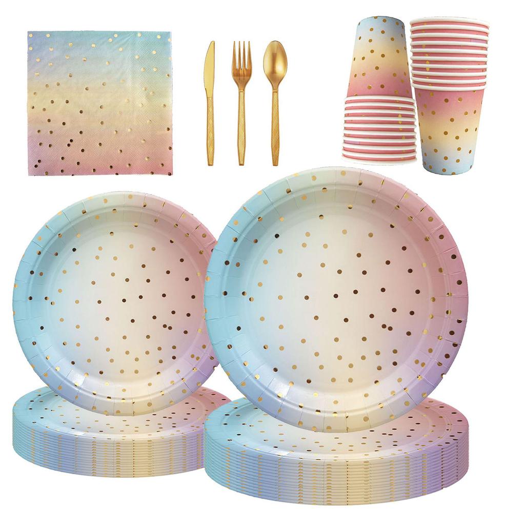 Gradient Rainbow Polka Dot Party Tableware Set: Paper Plates & Cups for Kids' Birthdays