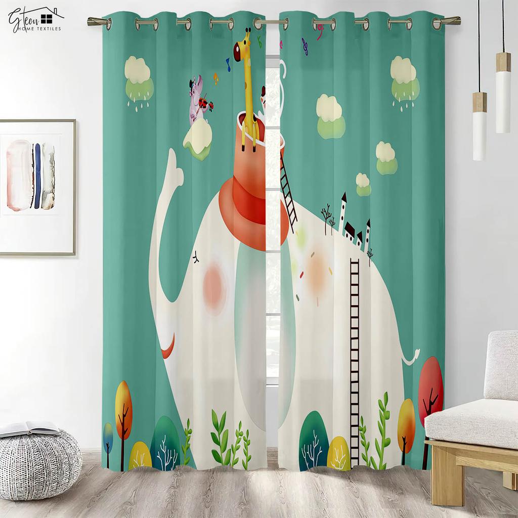 Animal 3D Printed Curtains Rabbit Turtle Elephant Giraffe Tiger Wolf Zebra Ostrich Children Cartoon Decorative Curtains 2PCS