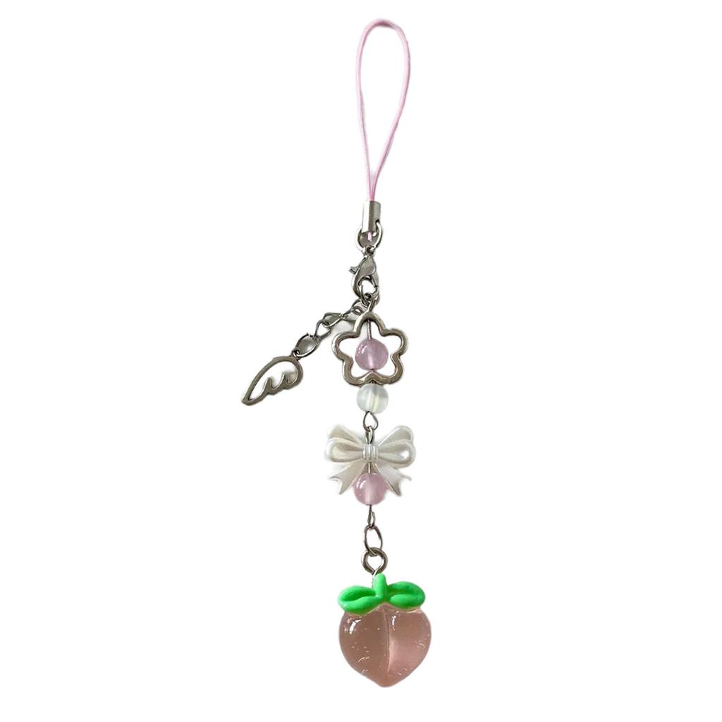 Cute Peach Phone Charm Stylish Keychain Pendant Bowknot Flower Beaded Keyring Personalized Accessory for Women and Girls