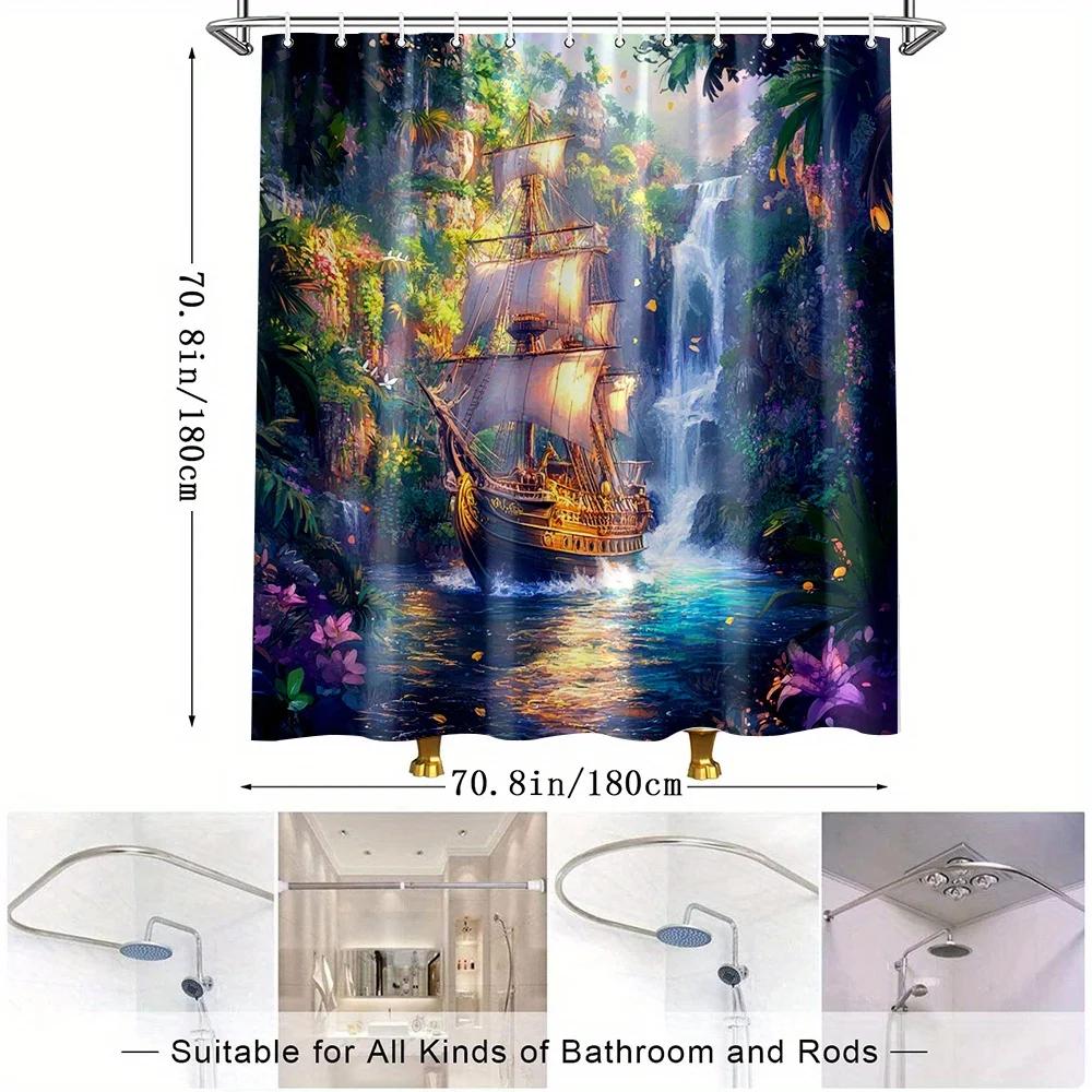 1Pc Scenic Sailboat Shower Curtain With Beautiful Nature Landscape Polyester Fabric For Bathroom Decoration Includes 12 Hooks 70
