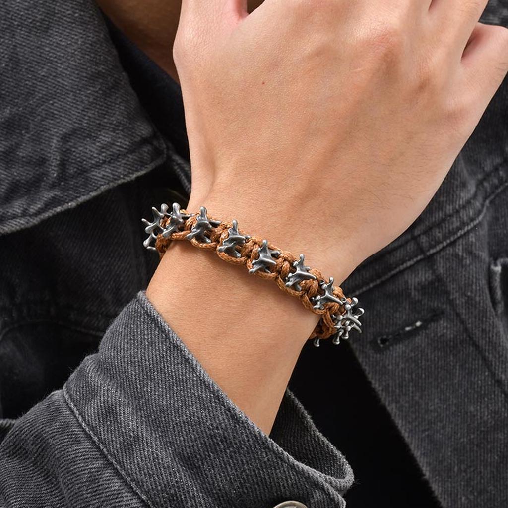 Vnox Men's Adjustable Bracelets, Vintage Gray Alloy Dragon Spine Woven Black Brown Rope Bracelet Rock Punk Metal Jewelry Gifts