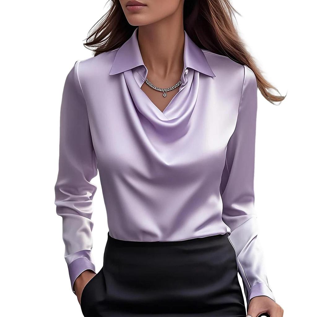 Satin Dameskjorte Vintage Langermet Bluse Silke Elegant Dames Topper Pendling Hvit Skjorte Høst Dameklær