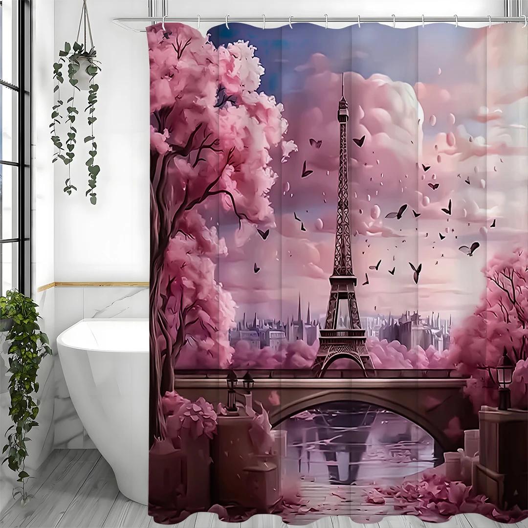 

Pink Fantasy Paris Eiffel Tower Shower Curtain, Bathroom Decorative Shower Curtain, Waterproof Shower Curtain With Hooks W60H190(CM)-1 Pcs