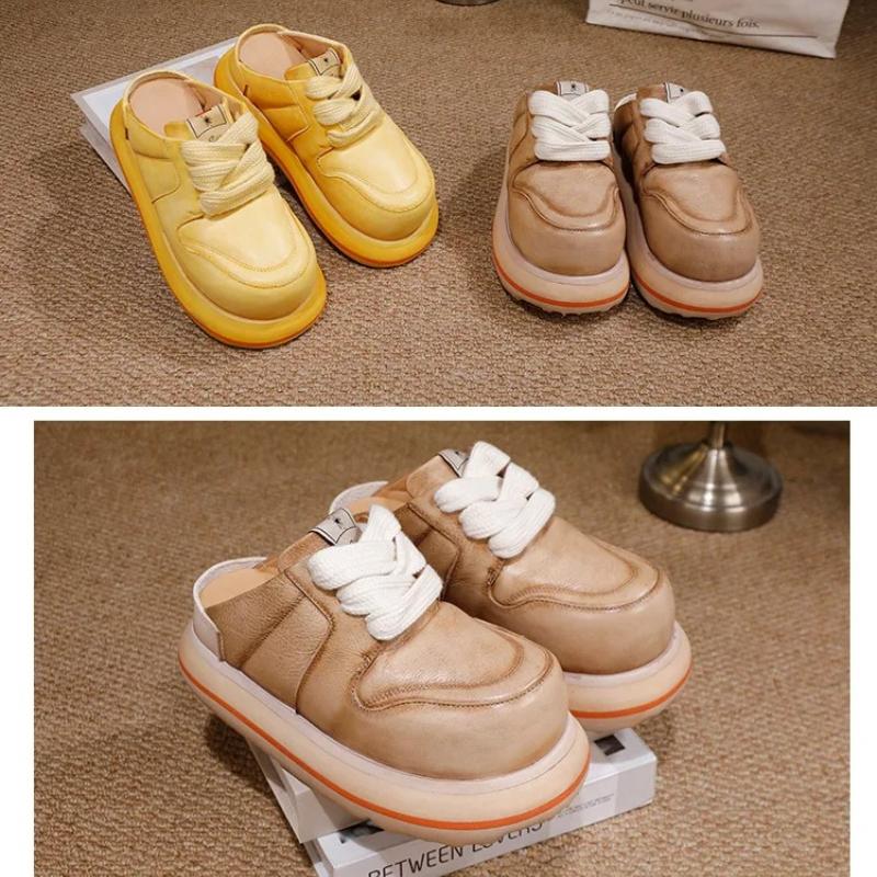 Johnature Damskie buty na grubej podeszwie ze skóry naturalnej, sznurowane, outdoorowe, z okrągłym noskiem, modne kapcie