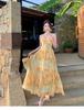 French Dopamine Yellow Beautiful Seaside Fairy Fluttering Holiday Pendulum Suspender Dress Printed Photo Dress