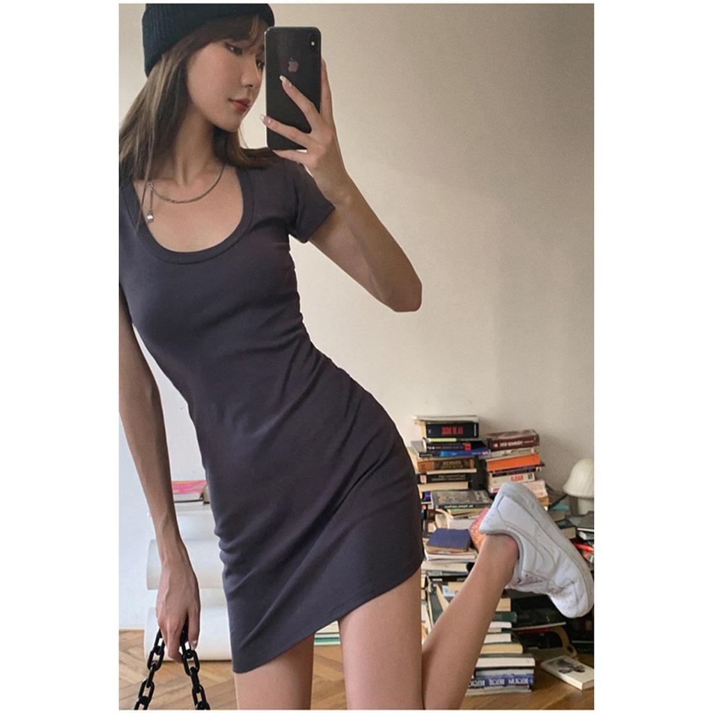 European and American light and familiar style square collar pure desire Spice Girl slim dress women's autumn sexy arm tight waist short skirt