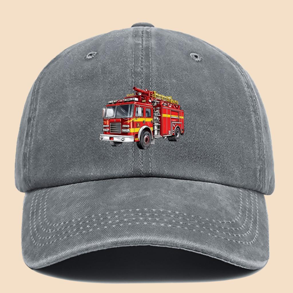 Pc Polyester Illustrated Fire Truck Creative Minimalist Themed Design Printed Baseball Cap Urban Casual Headwear Black Papa T