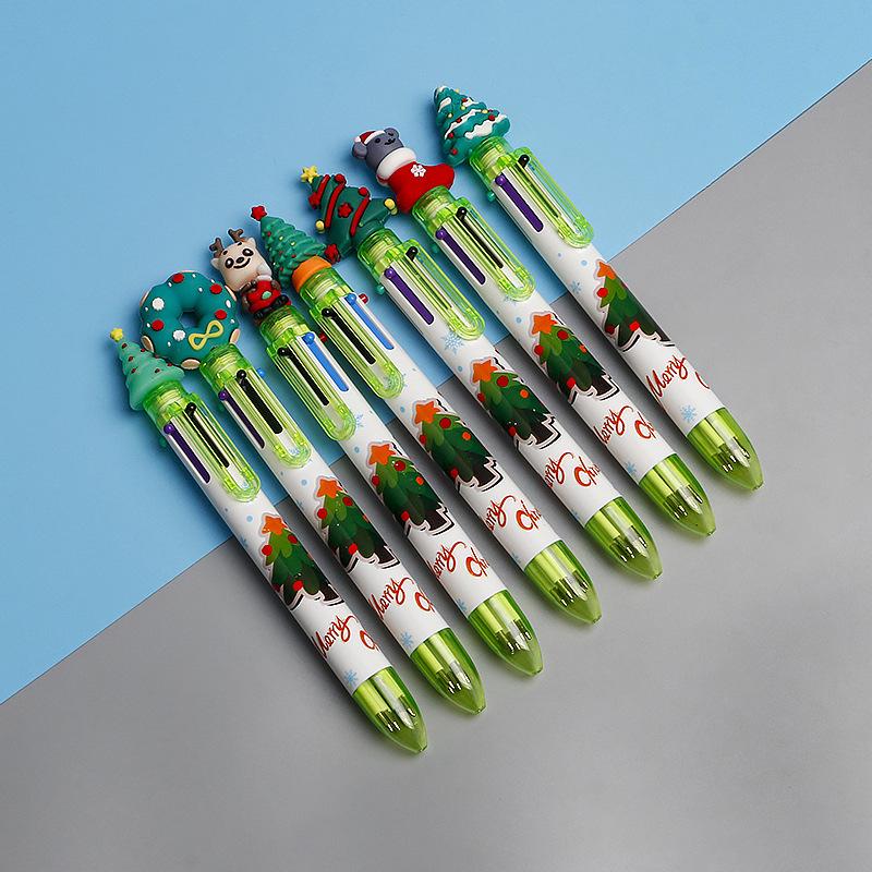 Creative Christmas 6-Color Ballpoint Pen with Cartoon Santa Claus - Ideal for Holiday Journaling and Student Prizes.