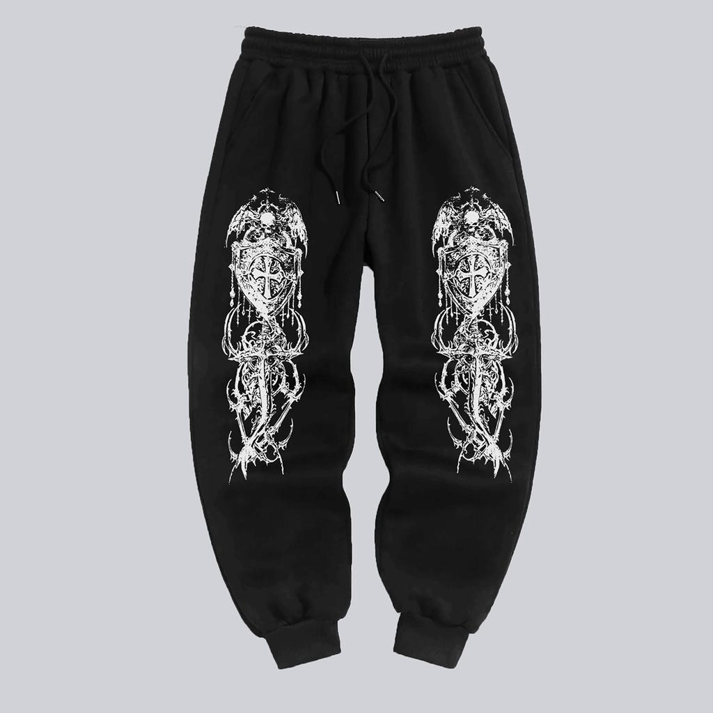 Men's Gothic Style Jogger Pants - Winter Warmth Casual Athletic Track Pants with Elastic Waist & Cuffed Hem, Geometric Gothic Patterns