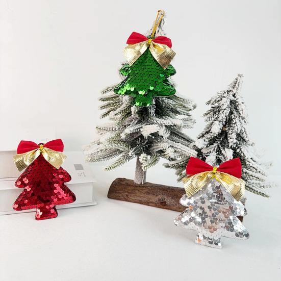 6Pcs Christmas Tree Ornaments Tree Shape Sequin Pendant with Bow for Christmas