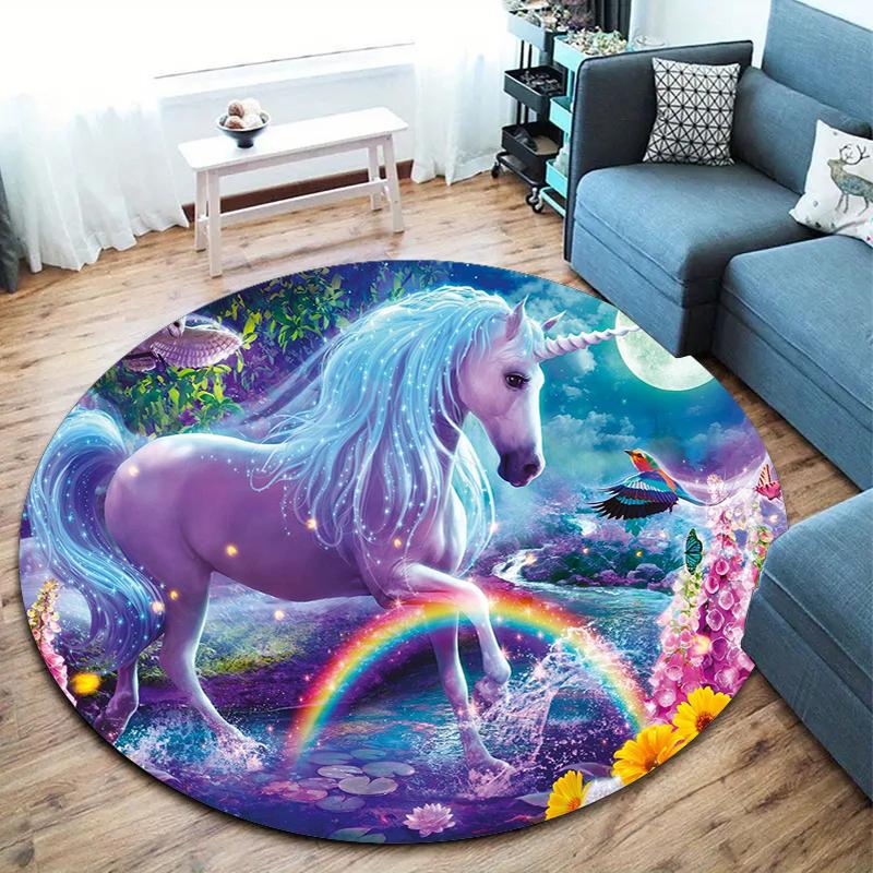 1Pc Cute Unicorn Circular Print Rug - Home Decoration Carpet For Living Room Bedroom Flooring Computer Chair Area Rug