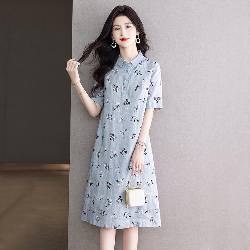 Women's Printed Linen Lapel Midi Dress
