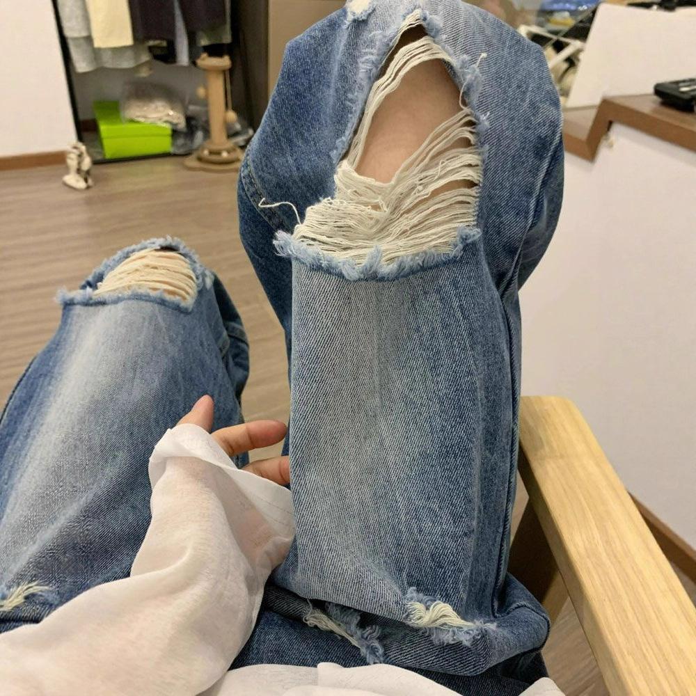 Retro Blue Holes Loose Straight Jeans Women's Early Fall Washed High-waisted Skinny Dragging Wide-legged Pants Retro Baggy Long Jeans for Ladies