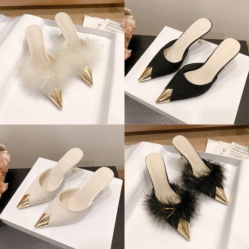 2024 NEW Summer Women Pump Feather Heels Fashion Simple Wind Mule Slippers Women's Slide Stiletto Heels Shoes for Women  Heels