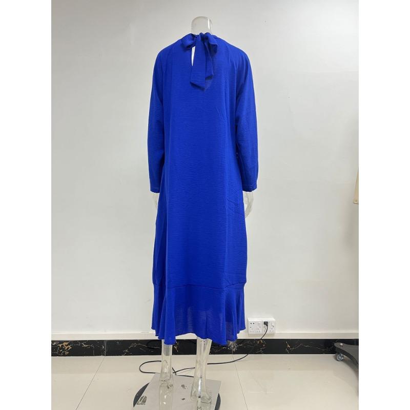 Spring and Autumn Women's Dress Plus Size Solid Colour V-Neck Tie Long Sleeve A-Line Long Dresses