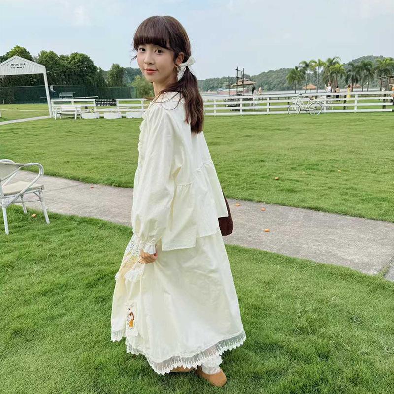 2025 Autumn Forest Style Color Block Lace Trim Embroidered Round Neck Long Sleeve Top