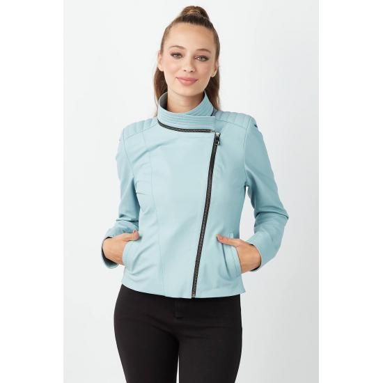 

Женские куртки Женское пальто из натуральной кожи с портативным воротником синего цвета Regular Fit