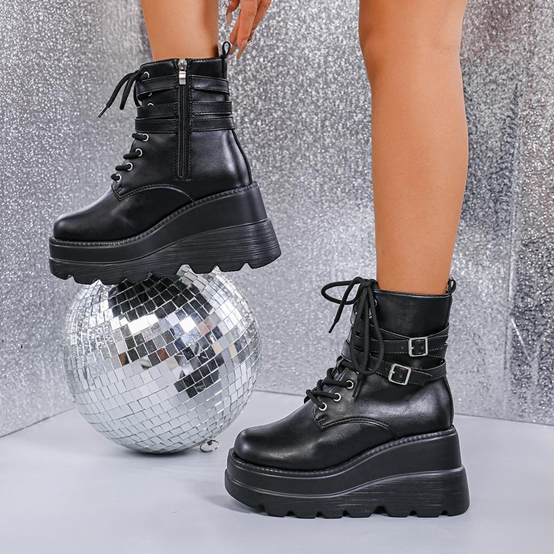 Punk Style Black Wedge Boots for Women Autumn Winter Chunky Platform Ankle Boots Woman Super High Heel Motorcycle Botas Mujer